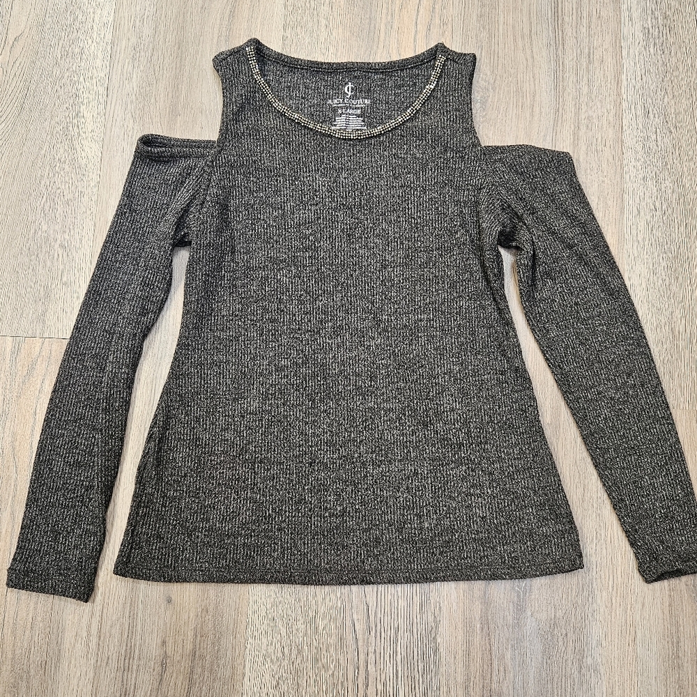 Juicy Couture Sweater Women XL Gray Knit Beaded Lightweight Cold Shoulder Sleeve